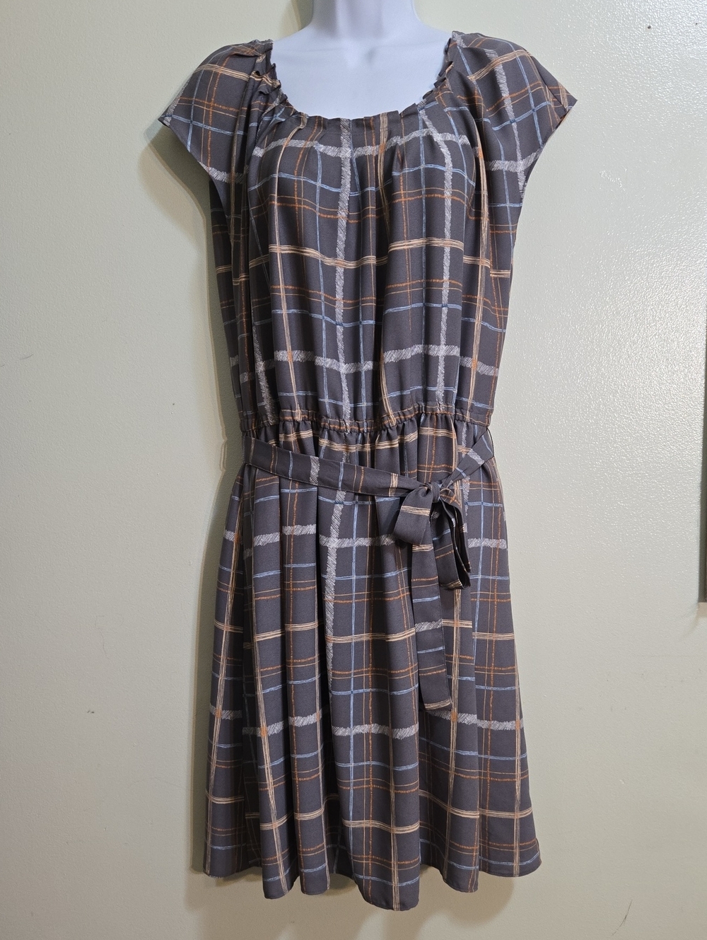 LC Lauren Conrad Gray Plaid Belted Midi Dress with Peach Accents